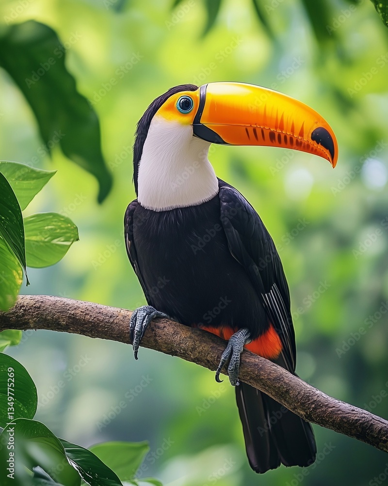 Fototapeta premium A majestic toucan sitting on a tree branch surrounded by lush green leaves, its black feathers contrasting with its bright orange and yellow beak.