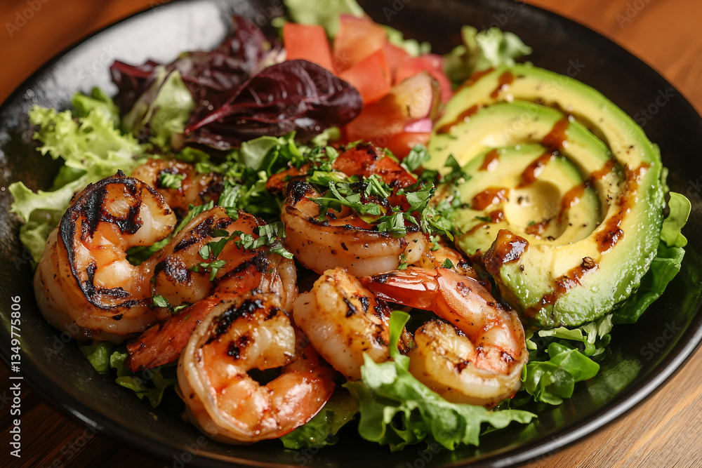 Generative AI image of a healthy shrimp salad bowl with avocado, corn, lettuce, and fresh vegetables for a nutritious meal Generative AI image of a healthy shrimp salad bowl with avocado, corn, lettuce, and fresh vegetables for a nutritious meal