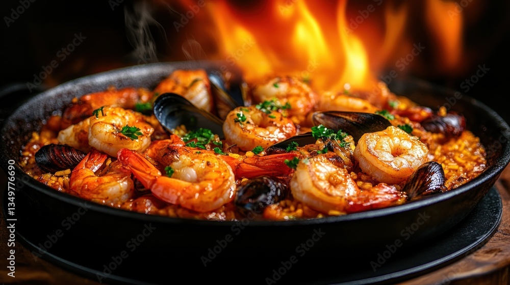 Fototapeta premium Flaming Seafood Paella: A Culinary Delight