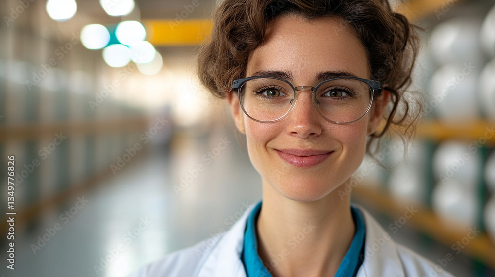 confident scientist smiling in laboratory setting, wearing glasses and lab coat, surrounded by scientific equipment and shelves confident scientist smiling in laboratory setting, wearing glasses and lab coat, surrounded by scientific equipment and shelves