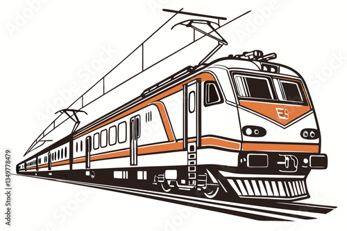 31 Modern electric train, sleek design, orange and white color scheme, passenger transportation, urban transit, high-speed rail, clean energy, public transport, city commute, efficient travel, futuris