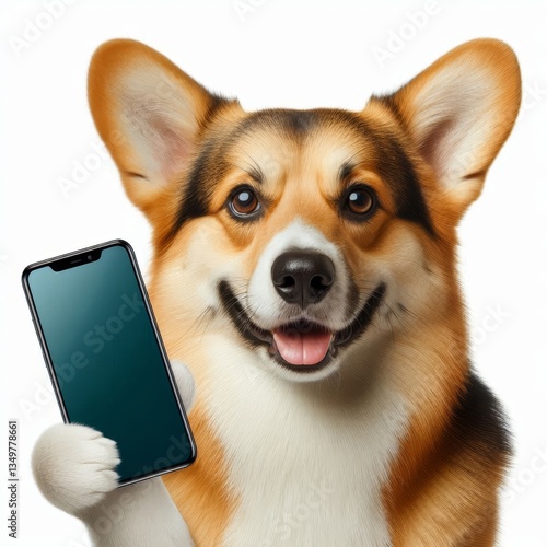 Adorable corgi showcasing a modern smartphone with a cheerful expression on white background