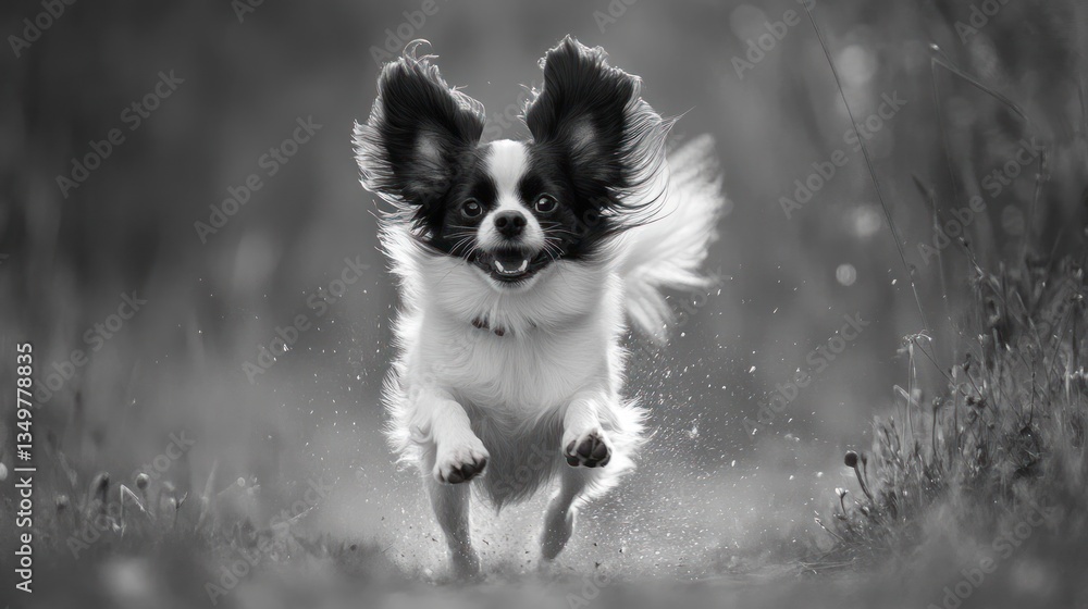Black and white happy dog running outdoors in nature Black and white happy dog running outdoors in nature