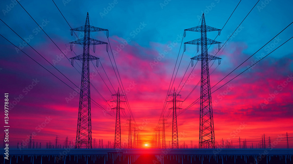 Fototapeta premium vibrant sunrise over solar farm with power lines silhouetted against colorful sky, creating stunning visual impact