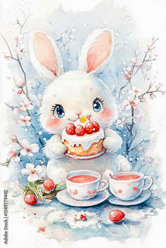 Osterhase mit Kaffee und Kuchen,  Aquarell, generative AI