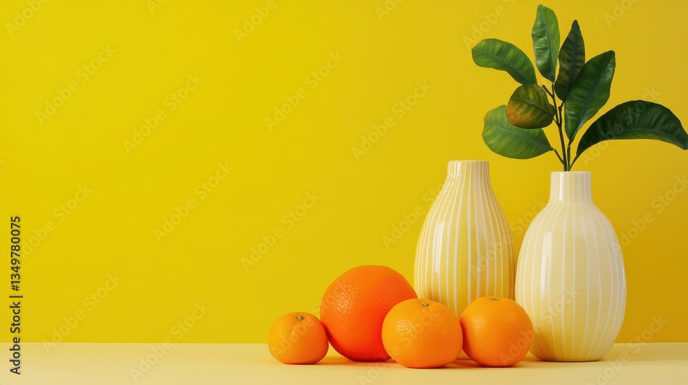 Vases And Citrus Fruits On A Vibrant Yellow Background. Vases And Citrus Fruits On A Vibrant Yellow Background.