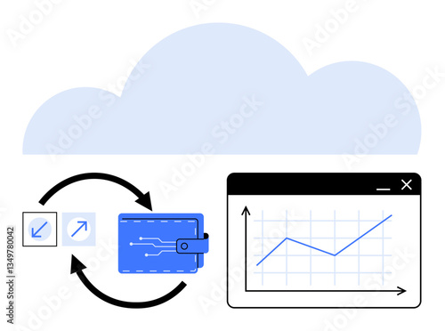 Digital wallet exchanging data between elements under a cloud, paired with a growing financial chart. Ideal for fintech, data transfer, online payment, analytics, cloud technology, digital finance