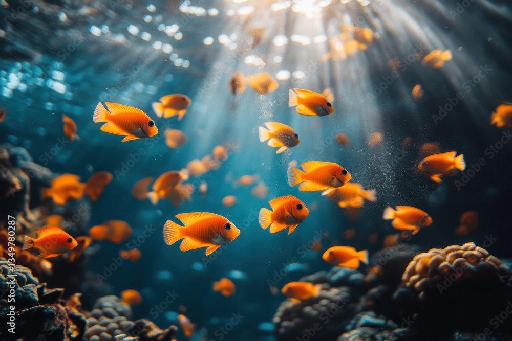 Sunlit Coral Reef Fish School Swimming Underwater Sunlit Coral Reef Fish School Swimming Underwater