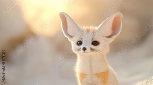 Cute fennec fox kit stands in the sandy desert during warm golden hour, looking forward with large ears and curious eyes.