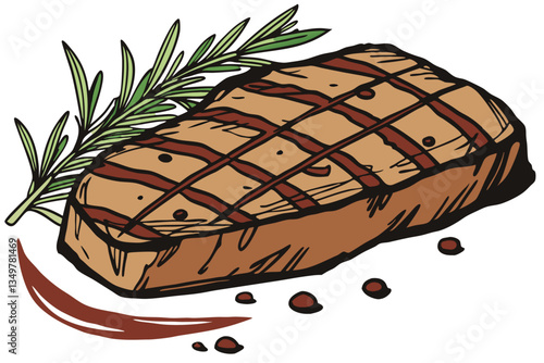 33 Juicy grilled steak, perfectly seared beef, rosemary garnish, char marks, succulent meat, high-resolution food photography, glistening surface, rich brown color, tender texture, mouthwatering, culi