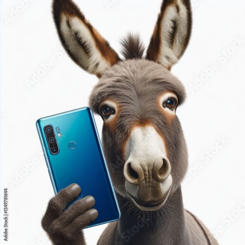 Whimsical donkey portrait showcasing mobile technology on a white background