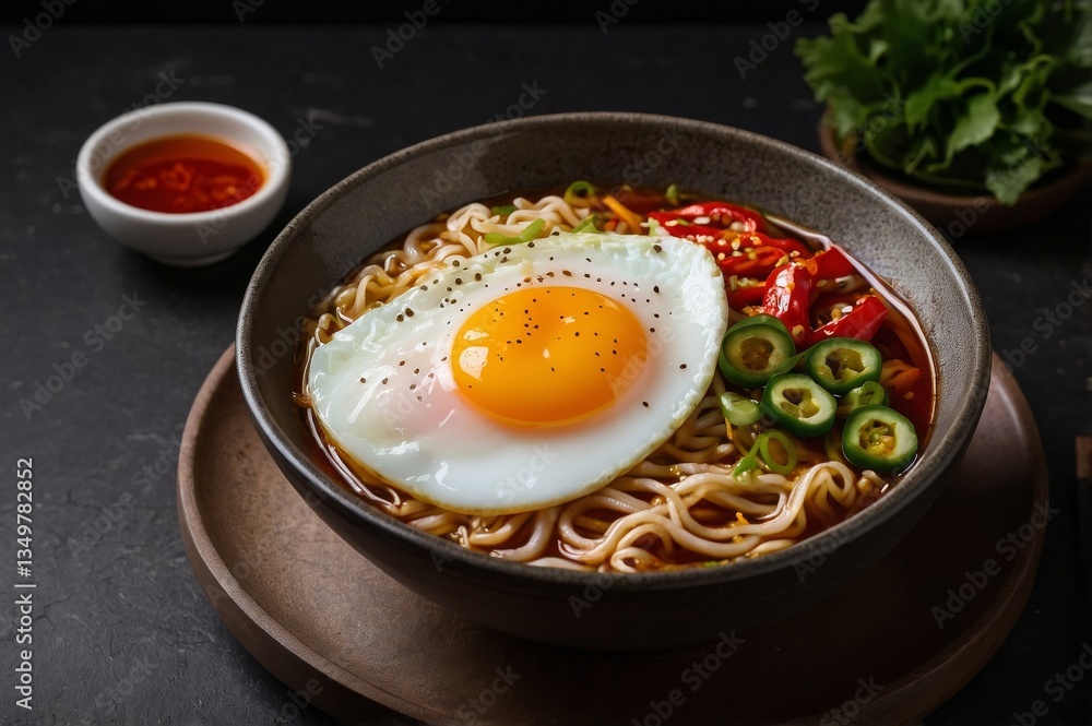 Noodles crowned with bright egg emphasize noodles comfort in bold chili broth. Spicy peppers, crisp veggies, and aromatic garnish spark sizzling meal for truly adventurous palates Noodles crowned with bright egg emphasize noodles comfort in bold chili broth. Spicy peppers, crisp veggies, and aromatic garnish spark sizzling meal for truly adventurous palates