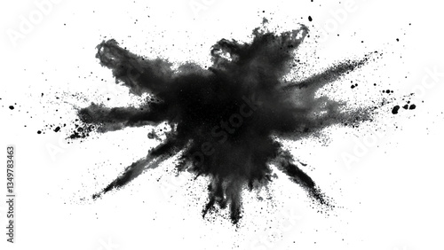 Vector black powder explosion on transparent white background. Black powder explosion, white background, dramatic effect,