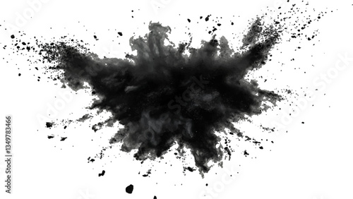 Vector black powder explosion on transparent white background. Black powder explosion, white background, dramatic effect,