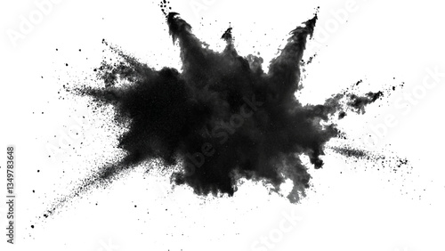 Vector black powder explosion on transparent white background. Black powder explosion, white background, dramatic effect,