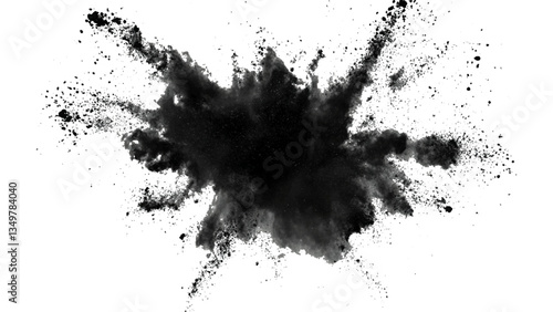 Vector black powder explosion on transparent white background. Black powder explosion, white background, dramatic effect,
