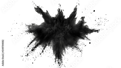 Vector black powder explosion on transparent white background. Black powder explosion, white background, dramatic effect,