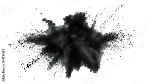 Vector black powder explosion on transparent white background. Black powder explosion, white background, dramatic effect,