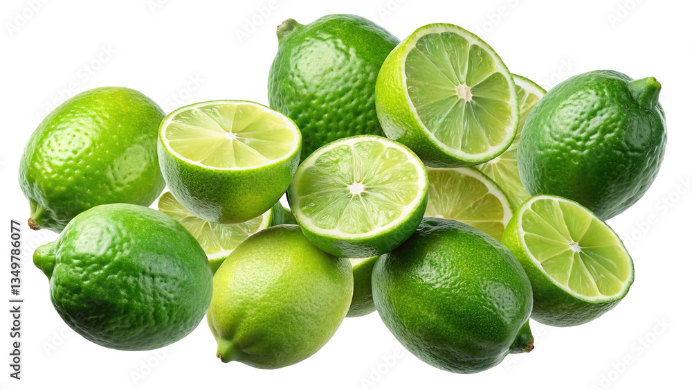 Fresh Whole and Sliced Limes - PNG - High-resolution PNG image of fresh green limes, both whole and sliced, isolated on a transparent background. Fresh Whole and Sliced Limes - PNG - High-resolution PNG image of fresh green limes, both whole and sliced, isolated on a transparent background.