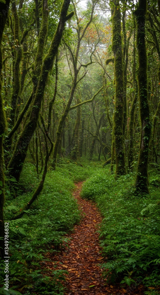 Serene path through a dense mossy forest with a carpet of leaves Serene path through a dense mossy forest with a carpet of leaves