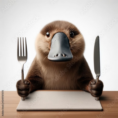 Platypus poised at table, gripping cutlery with intent, realistic wildlife dining scene