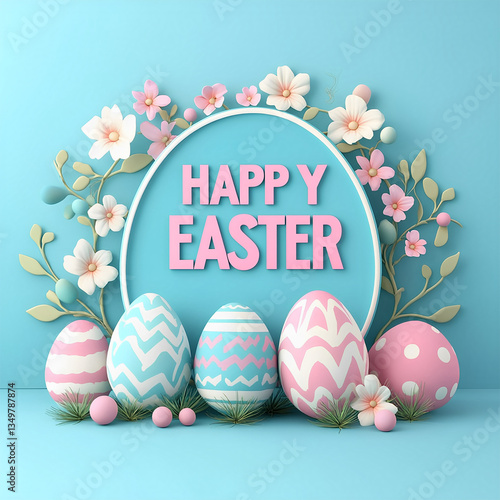 Front view of a pastel Easter egg-shaped frame with spring flowers, leaves, and branches. Inside, 