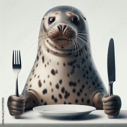 Charming seal with impeccable table manners ready for a gourmet meal photo