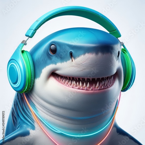 Cheerful shark with headphones showcasing an unusual listening experience