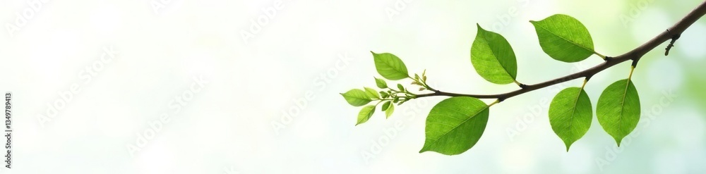 Fototapeta premium Single branch with leaves on white background against light source, leafy, greenery