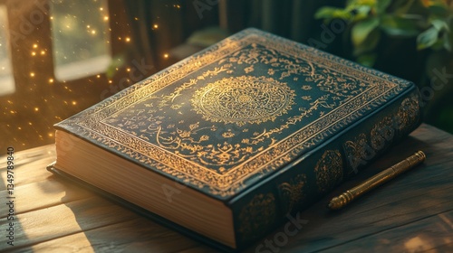 Ornate book on wooden table with golden patterns, magical light in background