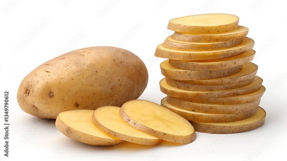 The image shows a whole potato and a stack of sliced potatoes arranged on a white background The image shows a whole potato and a stack of sliced potatoes arranged on a white background
