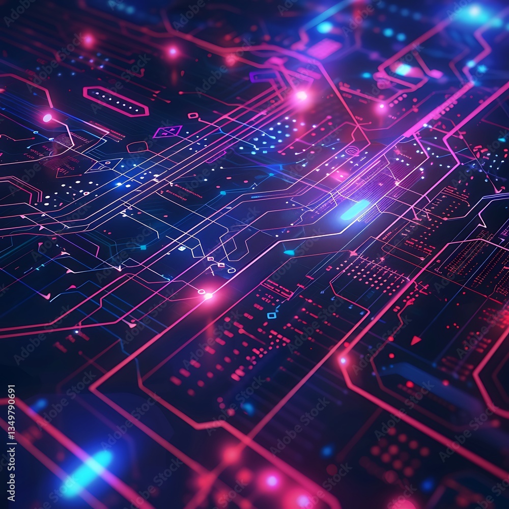 Close-up perspective view of a futuristic electronic circuit board with intricate glowing neon pathways in pink and blue. Represents technology, data processing, AI.
Close-up perspective view of a futuristic electronic circuit board with intricate glowing neon pathways in pink and blue. Represents technology, data processing, AI.