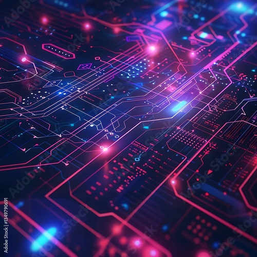 Wallpaper Mural Close-up perspective view of a futuristic electronic circuit board with intricate glowing neon pathways in pink and blue. Represents technology, data processing, AI.

 Torontodigital.ca