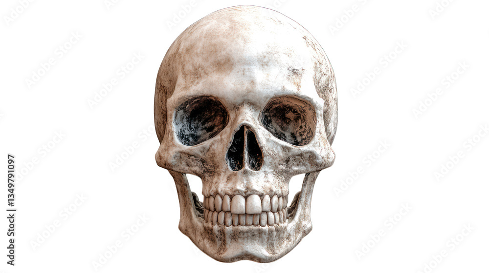 A lifelike skull with realistic bone texture on a transparent background