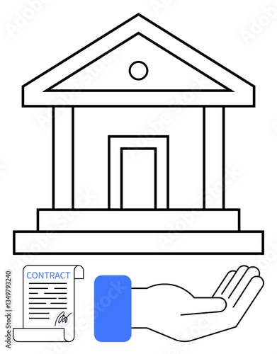 Bank building symbol with a scroll-thumbs up contract and an open hand gesture representing trust, agreements, and services. Ideal for finance, loans, banking, law, partnership trust security. Flat