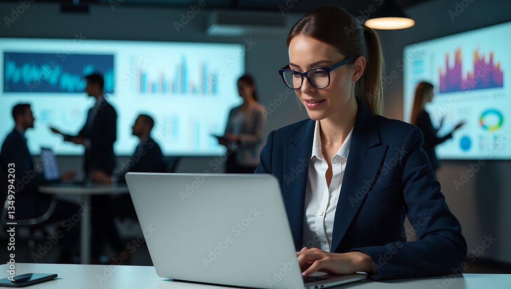 Fototapeta premium Focused Young Woman Working on Laptop in a Modern, Sunlit Office