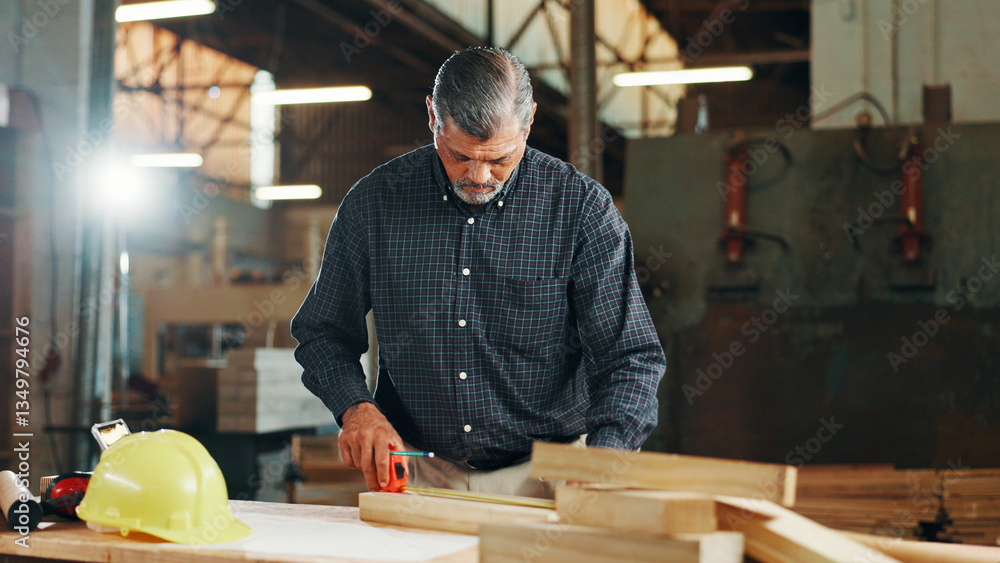 Industry, measuring tape and wood with carpenter man in workshop for manufacturing or production. Carpentry, construction and maintenance with mature contractor at work for professional renovation Industry, measuring tape and wood with carpenter man in workshop for manufacturing or production. Carpentry, construction and maintenance with mature contractor at work for professional renovation