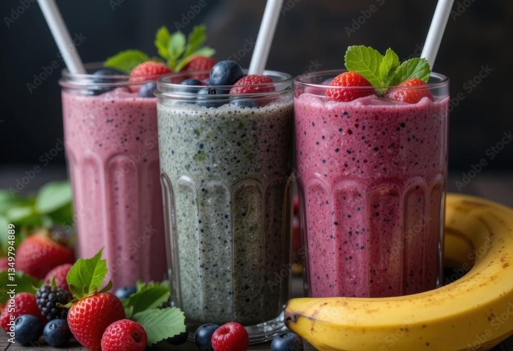 tall glasses with smoothies of different colors — red, brown and green. Each one is decorated with greenery and straws, next to fresh fruits and vegetables, herbs. Everything is on a wooden table, tall glasses with smoothies of different colors — red, brown and green. Each one is decorated with greenery and straws, next to fresh fruits and vegetables, herbs. Everything is on a wooden table,