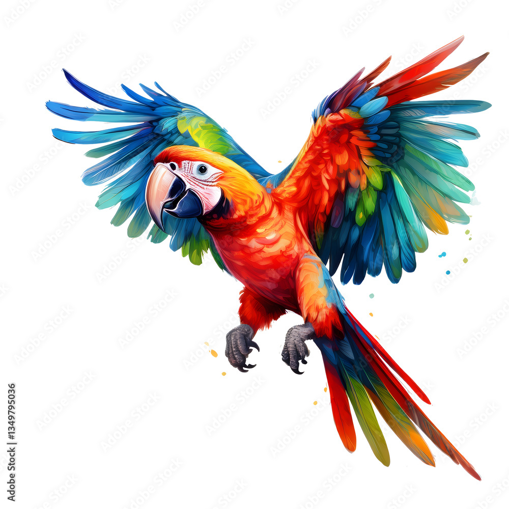 Fototapeta premium Colorful macaw parrot flying with open wings on transparent background
