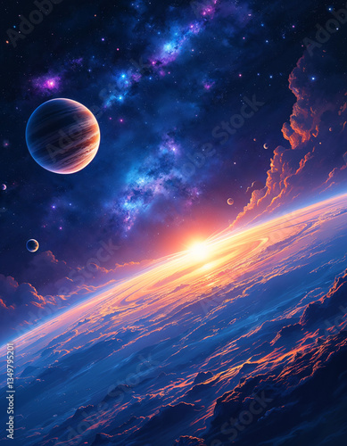 Close-up view of a rocky planet with a bright star casting light across its surface.