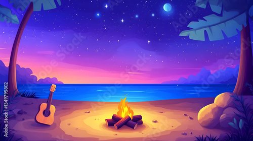 Vibrant hues of sunset blend with starlit skies as a warm bonfire illuminates the peaceful beach