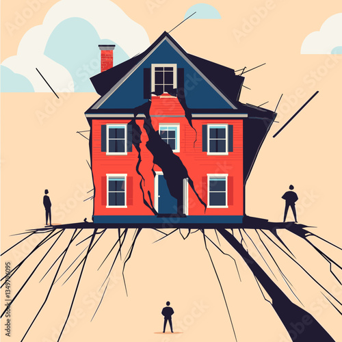 Family conflicts illustrated by a broken house dividing people

