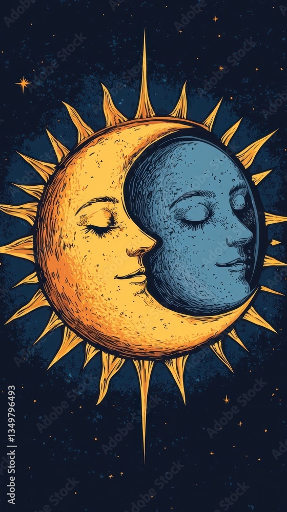 A celestial representation of the sun and the moons faces A celestial representation of the sun and the moons faces