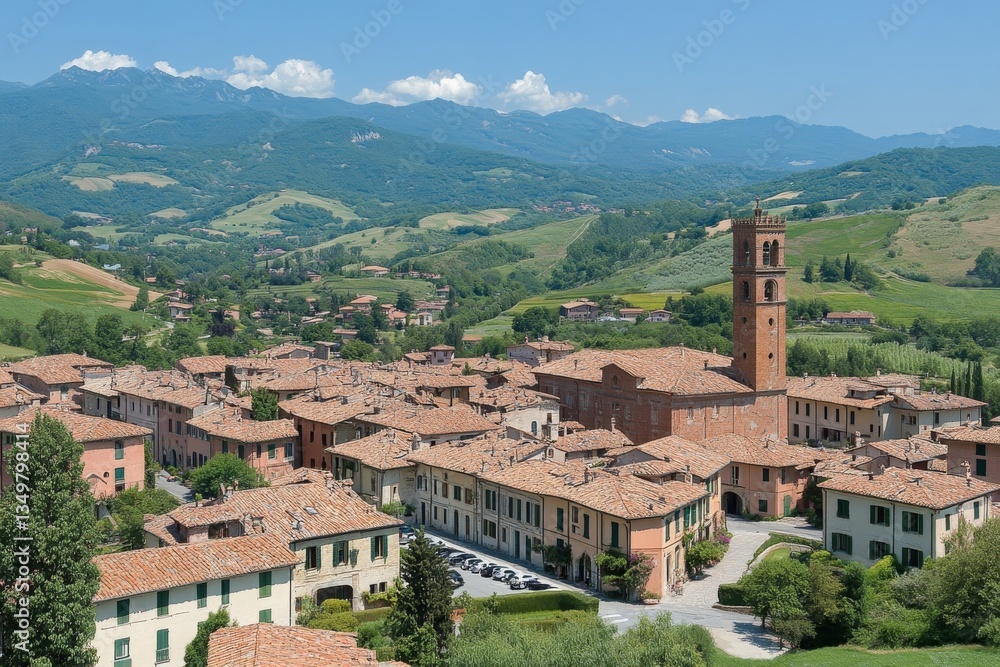 Fototapeta premium Panoramic View of Italian Village Nestled in Rolling Hills and Mountains