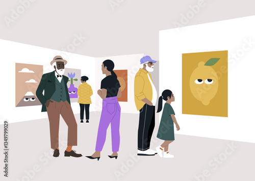 Guests gather in an exciting art gallery, engaging with stunning artworks while sharing lively conversations and immersing in the atmosphere of creativity and culture