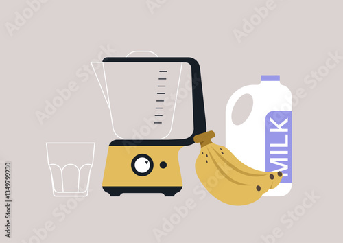 Bright kitchen features a sleek blender alongside ripe bananas and a jug of milk, ready to create a nutritious banana smoothie that energizes the morning