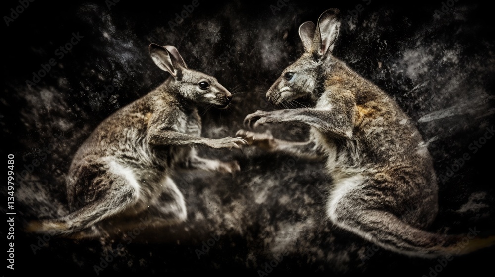Fototapeta premium Two male Agile Wallabies engaged fierce boxing match their powerful hind leg kicking up dust they spar dominance muscle tensed expression intense image capture raw power energy of fight blurred dust