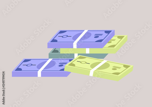 Stacks of colorful cash resting on a flat surface, showcasing vibrant designs and different denominations in a creative arrangement
