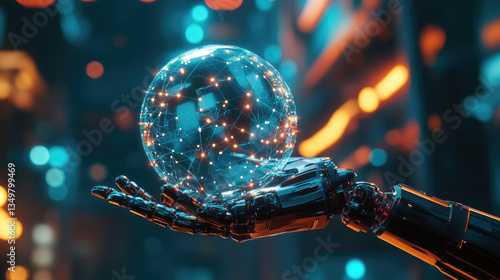 A futuristic robotic hand holding a digital sphere with interconnected data points, symbolizing AI-powered chatbots and global communication networks. 