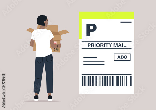 A fast-track delivery service—A woman holds an open cardboard box while a zoomed-in label on her right highlights the shipment details, emphasizing speed and accuracy in package handling